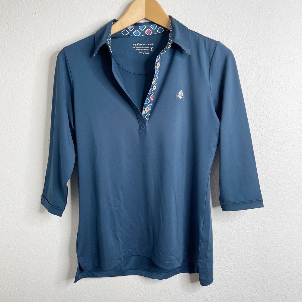 Peter Millar Womens Navy Blue 3/4 Sleeve Performance Golf Polo Shirt UPF 50 S